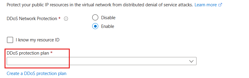 Capture d’écran de l’activation de DDoS pendant la création d’un réseau virtuel.