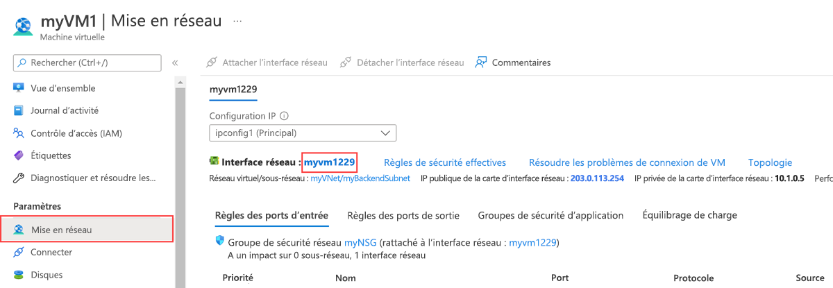 Capture d’écran de la vue d’ensemble Réseau de machine virtuelle.