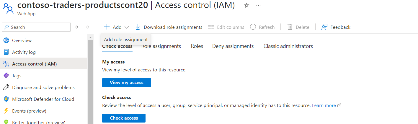 Capture d’écran du contrôle d’accès (IAM) dans le composant d’application sur lequel les critères d’échec doivent être définis.