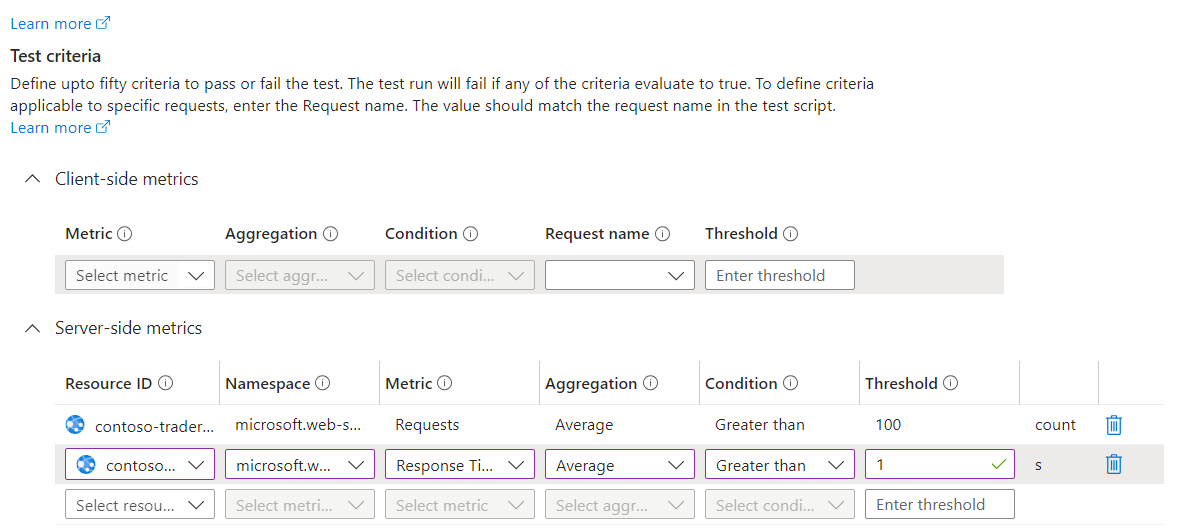 Capture d’écran de la configuration des critères d’échec sur les métriques du serveur.