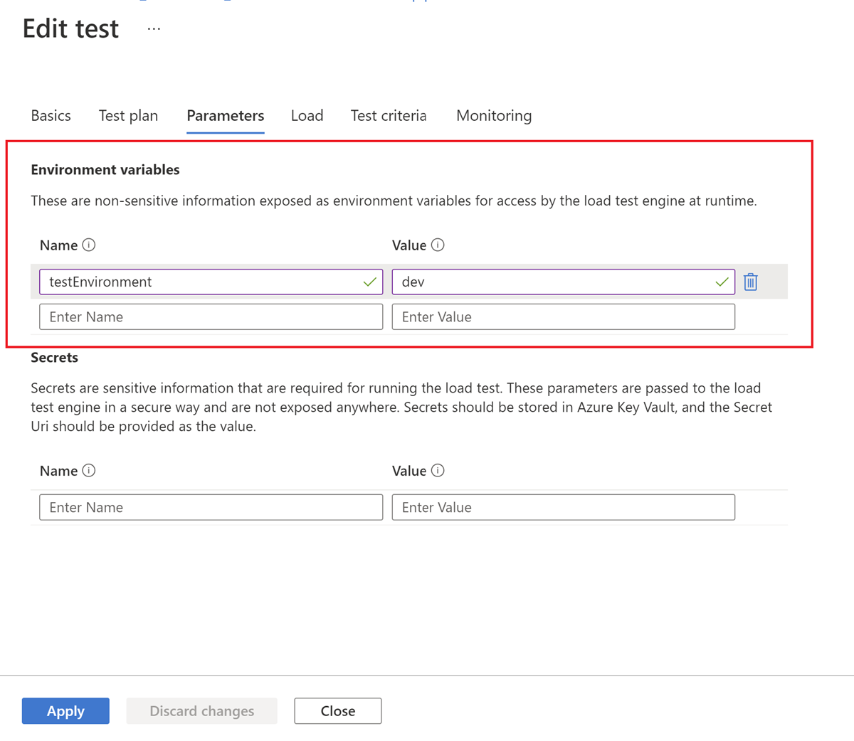 Capture d’écran montrant comment ajouter une variable d’environnement à un test de charge dans le portail Azure.