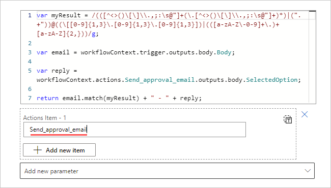 Capture d’écran montrant la zone « Élément d’action -1 » et le nom JSON de l’action.