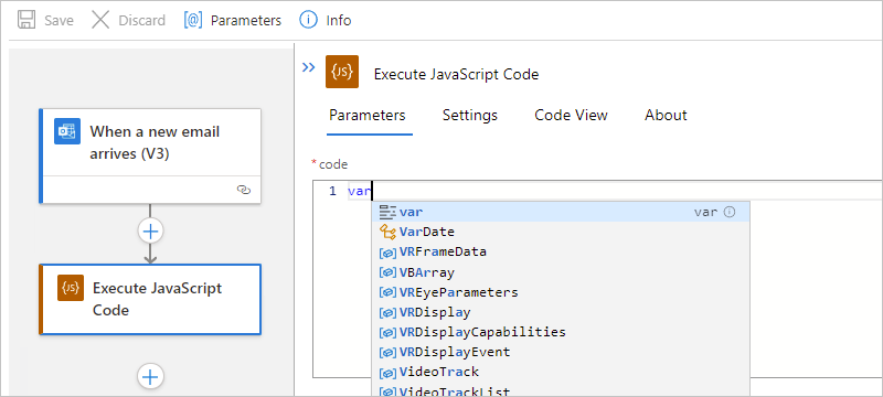 Capture d'écran montrant le flux de travail Standard, l'action Exécuter le code JavaScript et la liste autocomplète des mots clés.