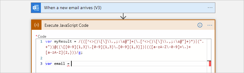 Capture d'écran montrant le flux de travail de la consommation, l'action Exécuter le code JavaScript et l'exemple de code qui crée des variables.