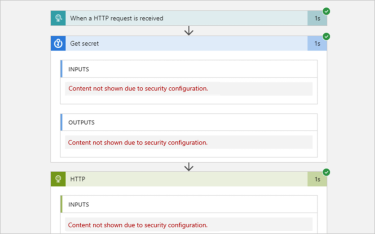 Capture d’écran montrant les entrées et sorties masquées dans l’historique des exécutions de workflow après l’activation des entrées et sorties sécurisées.