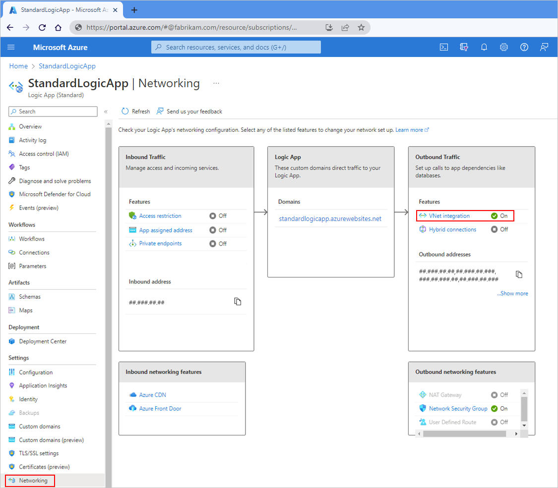 Capture d’écran montrant le portail Azure, la ressource d’application logique Standard et la page Mise en réseau avec l’intégration de réseau virtuel activée.