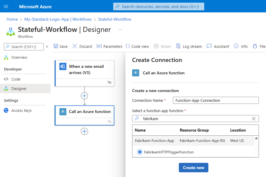 Capture d’écran montrant le concepteur de workflow Standard avec l’application de fonction et la fonction sélectionnées.