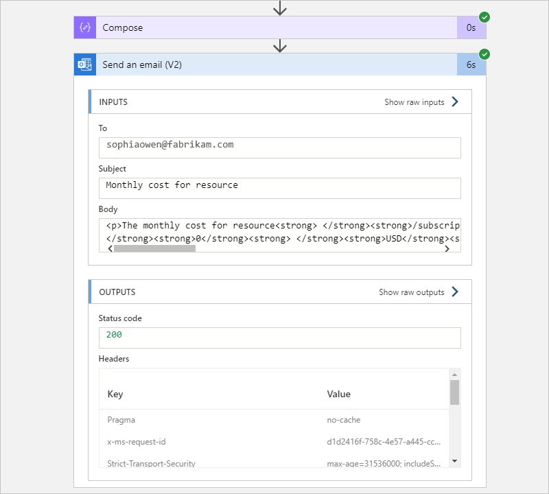 Capture d’écran montrant une action développée, les entrées et les sorties.