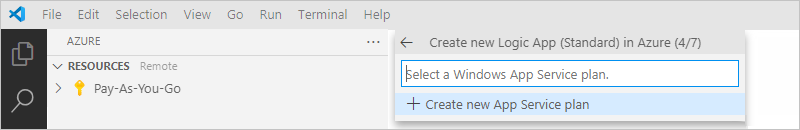 Capture d’écran montrant le volet « Logic Apps (standard) » et un message vous invitant à « Créer un plan App Service » ou à sélectionner un plan App Service existant.