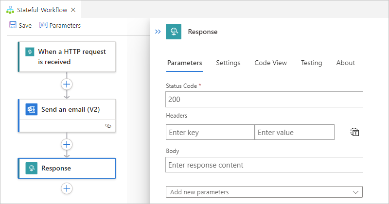 Capture d’écran du concepteur de workflow et du volet Informations de réponse.