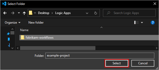 Capture d’écran de la zone Sélectionner un dossier et un nouveau dossier de projet avec le bouton Sélectionner sélectionné.