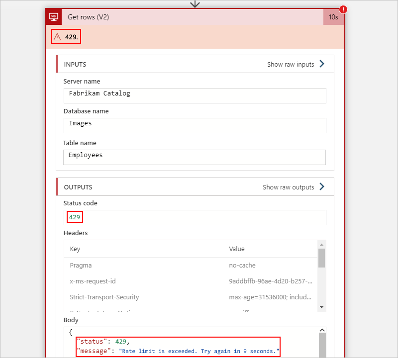 Capture d’écran montrant un workflow Consommation avec une action SQL Server qui présente une erreur 429.