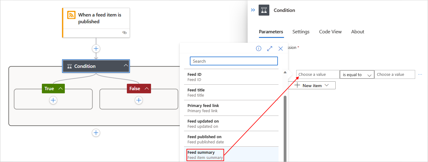 Capture d’écran montrant le portail Microsoft Azure, le concepteur de workflow Standard, le déclencheur RSS et l’action Condition avec la construction de critères.