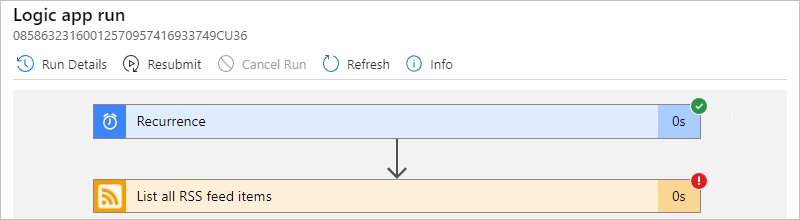 Capture d’écran montrant le workflow d’application logique Consommation avec une étape en échec sélectionnée.