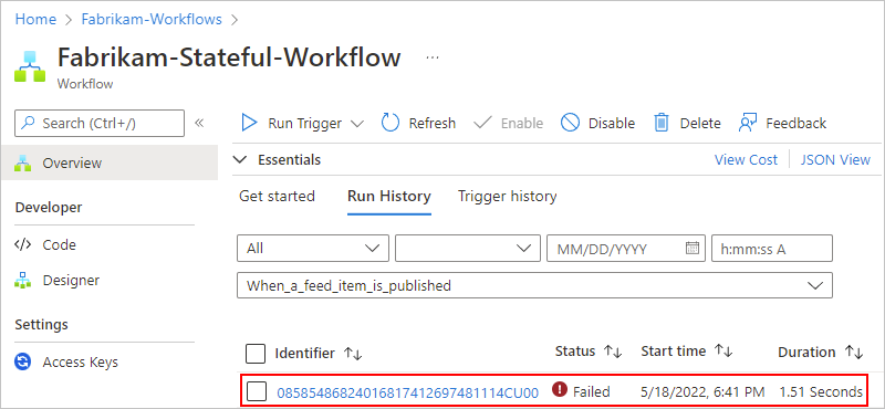 Capture d’écran montrant le portail Azure avec les exécutions du workflow d’application logique Standard et une exécution en échec sélectionnée.