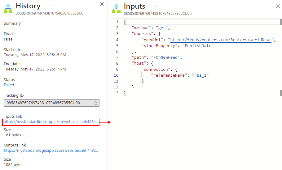 Capture d’écran montrant les entrées des déclencheurs du workflow d’application logique Standard.