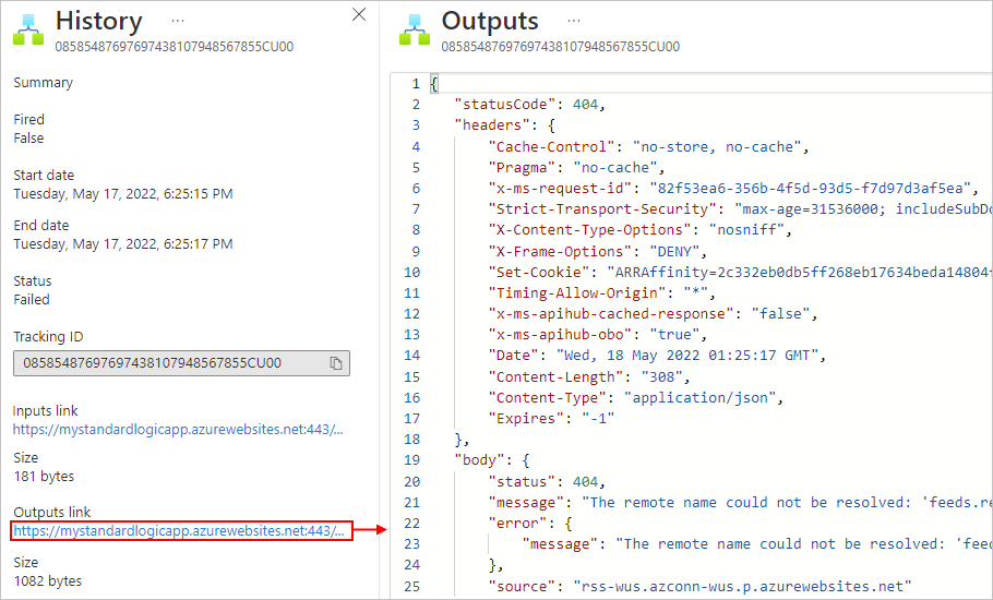 Capture d’écran montrant des sorties de déclencheur de workflow Standard.