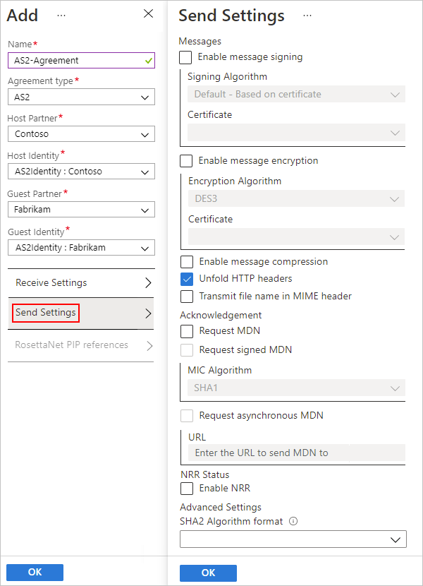 La capture d’écran monte le Portail Azure et les paramètres de l’accord AS2 pour les messages sortants.