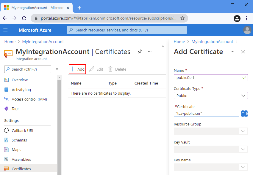 Capture d’écran montrant le Portail Azure et le compte d’intégration avec l’option « Ajouter » sélectionnée et le volet « Ajouter un certificat » avec les détails du certificat public.