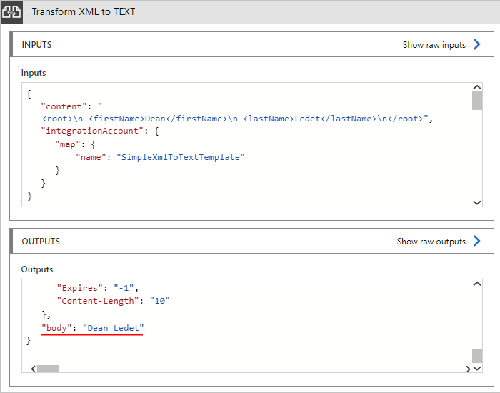 Capture d’écran montrant un exemple de sortie pour une transformation de XML en texte.