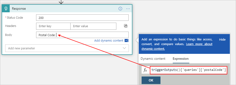 Capture d’écran montrant le flux de travail de consommation avec l’action de réponse et un exemple d’expression triggerOutputs().