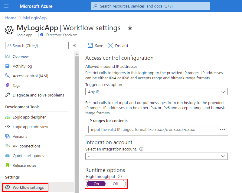 Capture d’écran montrant le menu d’application logique dans le portail Azure avec les options « Paramètres de workflow » et « Débit élevé » activées.