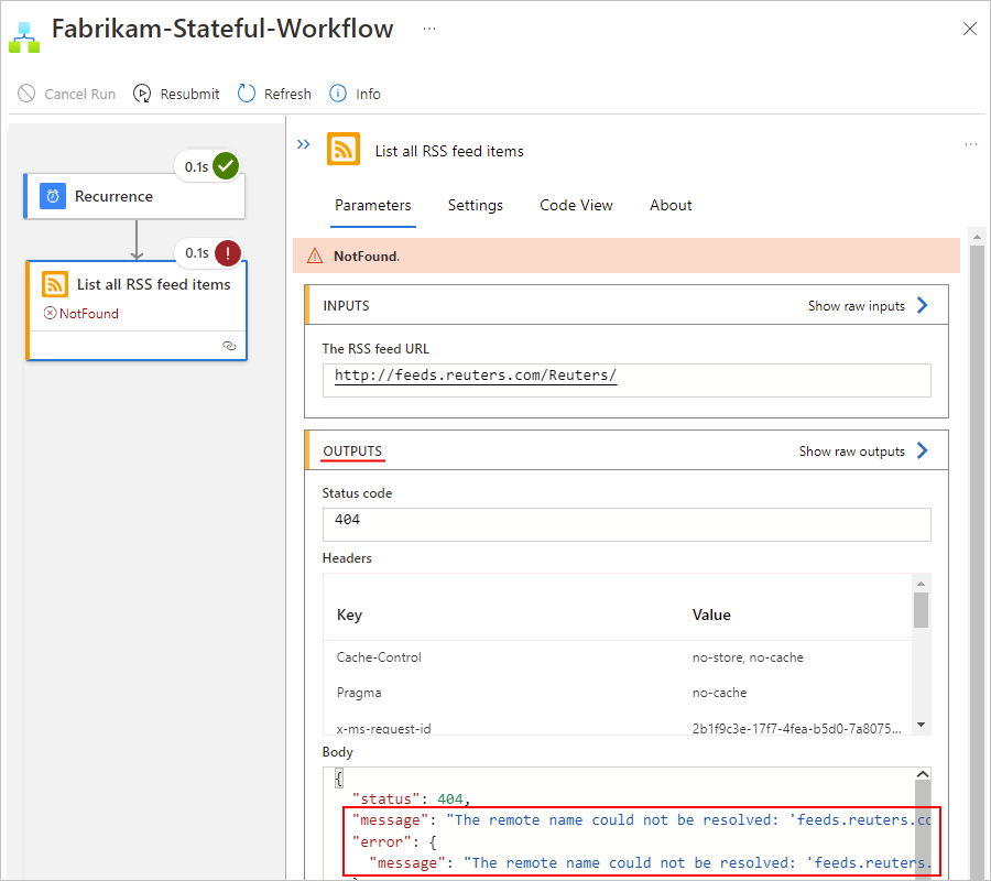 Capture d’écran montrant un workflow Standard avec les sorties d’une étape en échec.