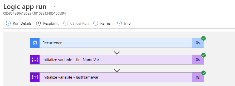 Capture d’écran montrant chaque action dans l’exécution du workflow sélectionné.