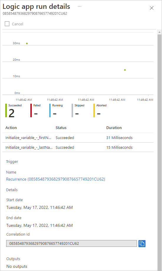 Capture d’écran montrant les détails de l’exécution pour chaque étape du workflow.