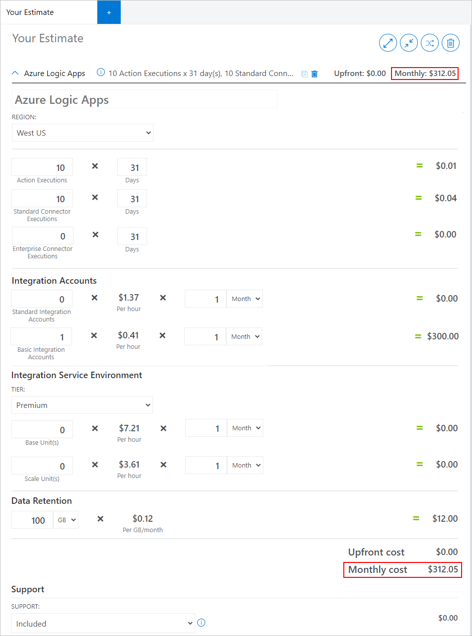 Exemple d’estimation de coûts dans la calculatrice de prix Azure