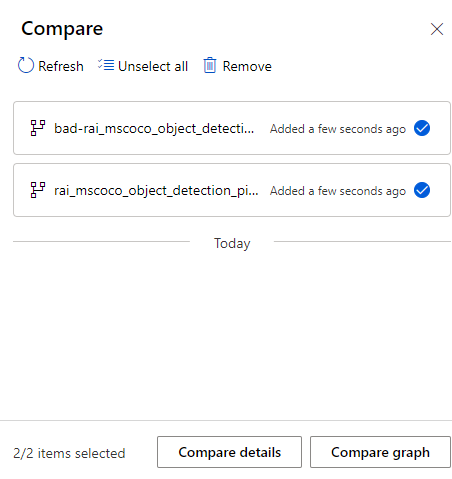 Capture d’écran montrant la liste de comparaison avec un pipeline parent et enfant ajouté.