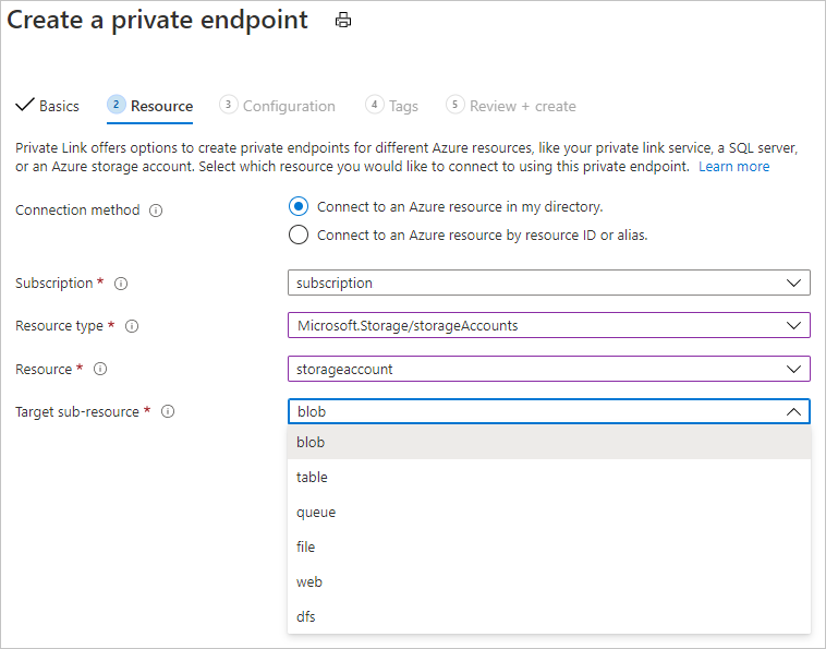 Capture d’écran montrant la page de configuration du point de terminaison privé avec les options d’objets blob et de fichier