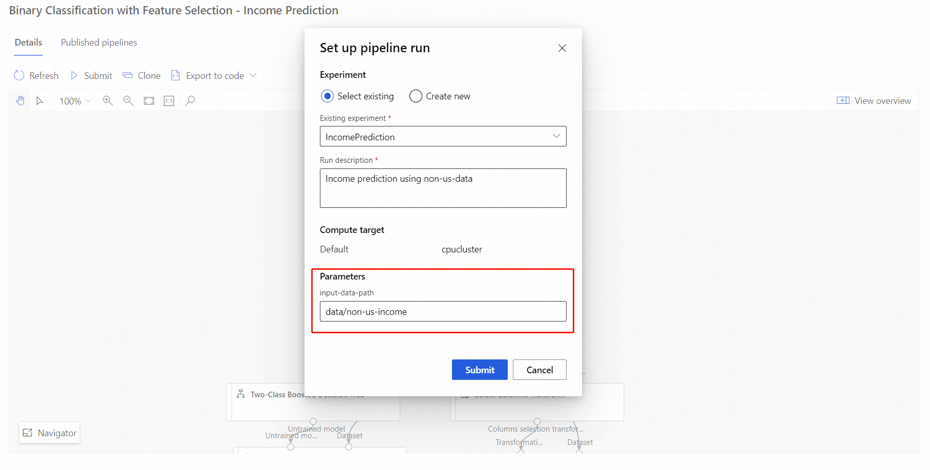 Capture d’écran montrant comment configurer un travail de pipeline paramétrable dans le concepteur