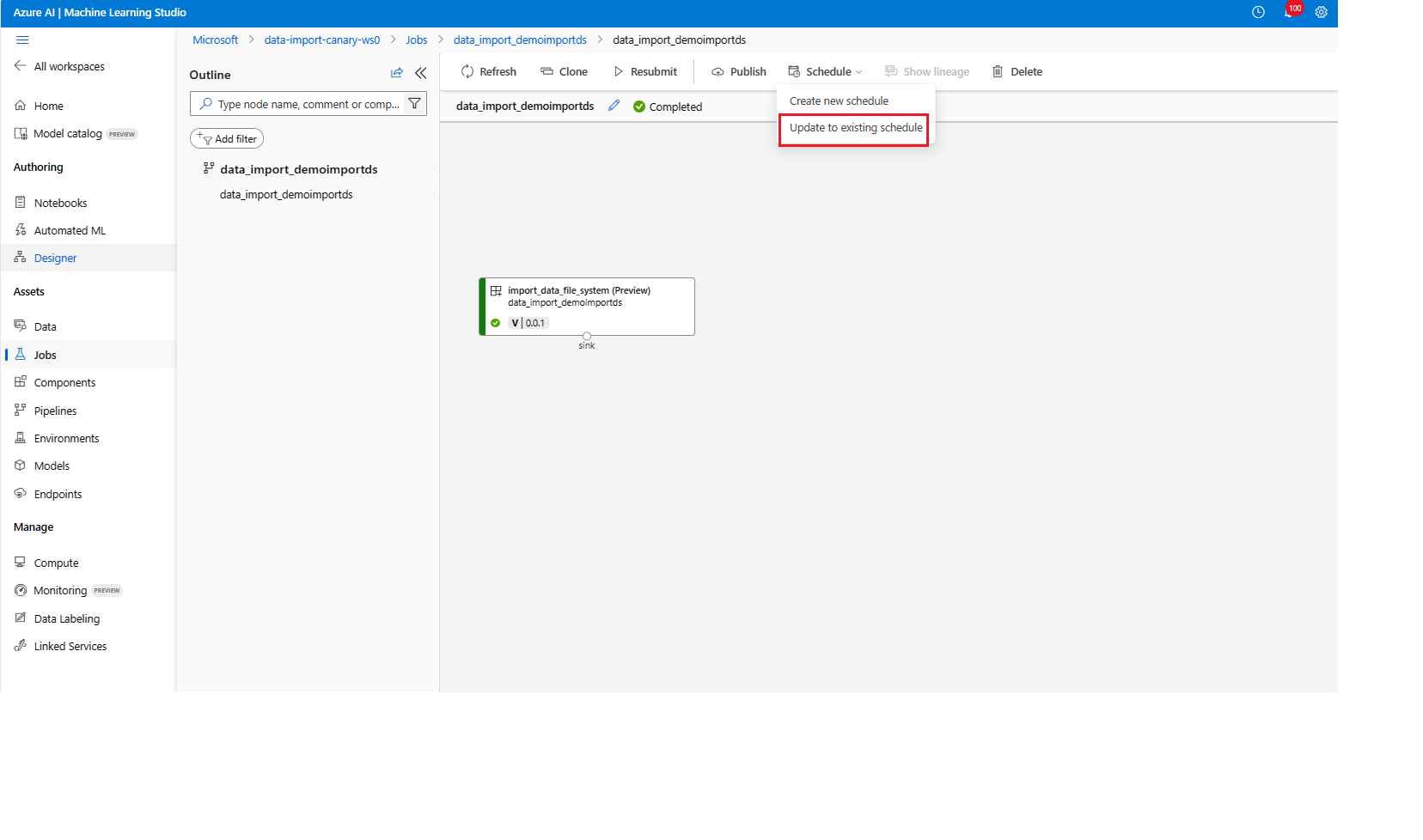 Capture d’écran de l’onglet Travaux avec le bouton Planifier sélectionné et montrant le bouton Mise à jour du calendrier existant.