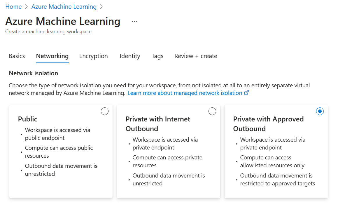 Capture d’écran montrant les options de réseaux virtuels managés dans Azure Machine Learning.