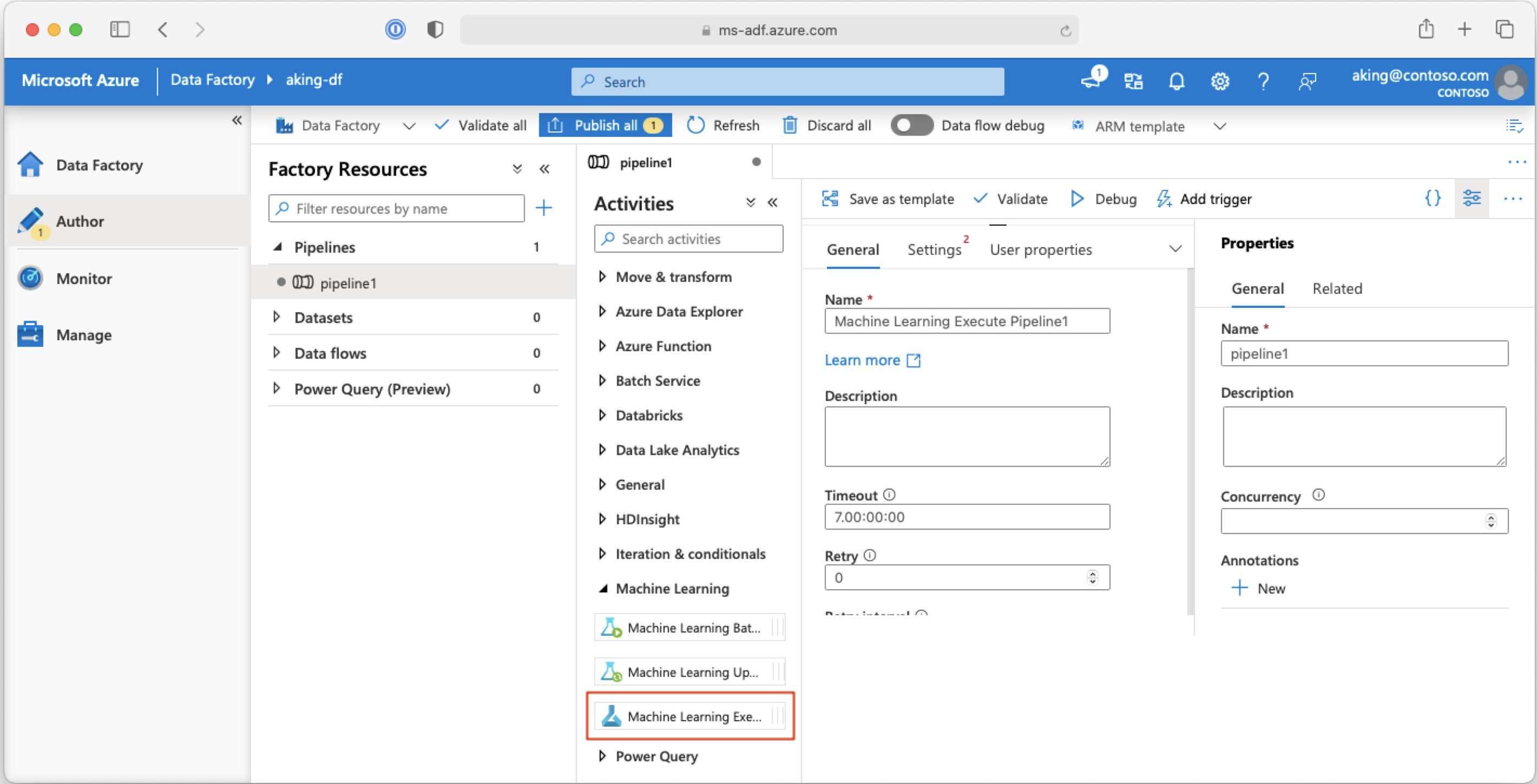 Capture d’écran montrant l’activité de pipeline ML dans l’environnement de création Azure Data Factory