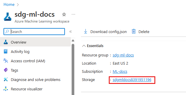 Capture d’écran montrant le lien relatif au stockage dans le portail Azure.