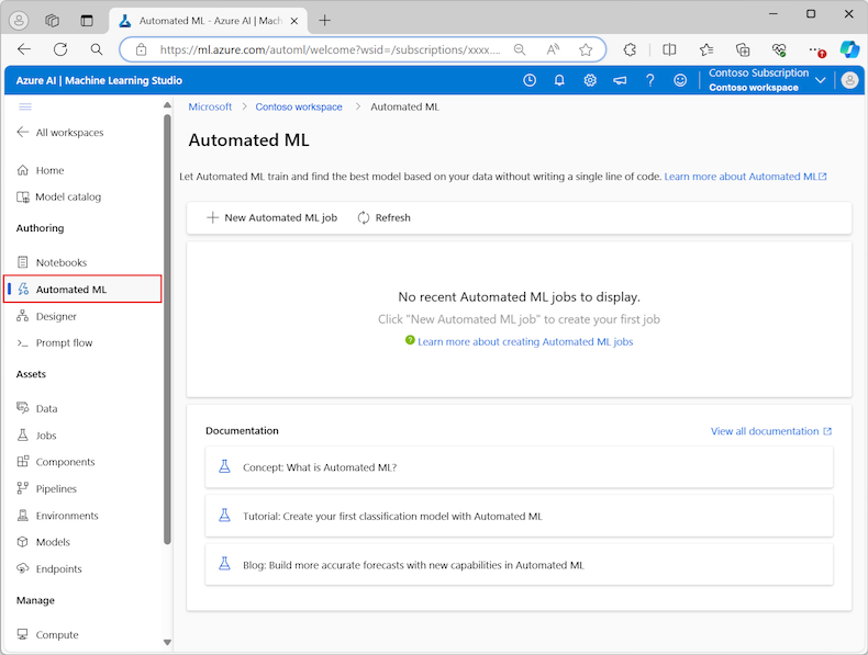 Capture d’écran présentant la page de présentation Création pour AutoML dans Azure Machine Learning studio.