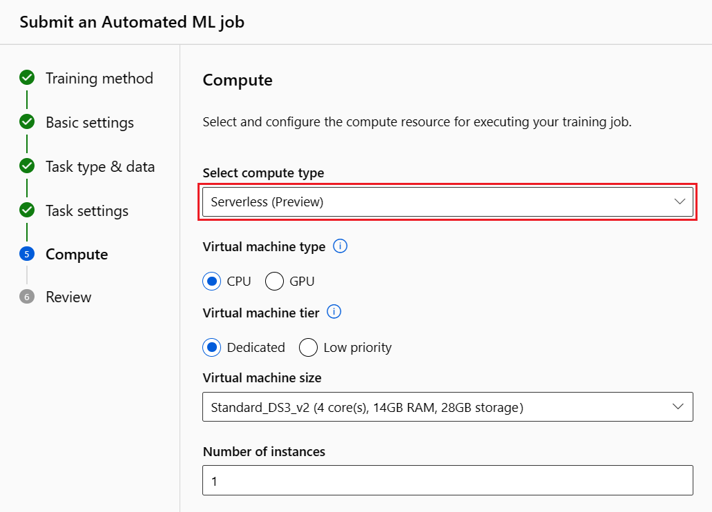 Capture d’écran illustrant la sélection de l’option Calcul serverless.