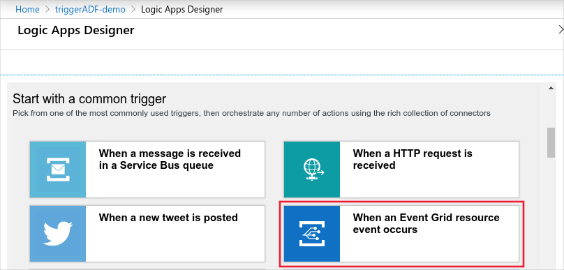 Capture d’écran montrant le Concepteur Logic Apps avec les options Démarrer avec un déclencheur courant, notamment Quand un événement lié à une ressource Event Grid se produit.