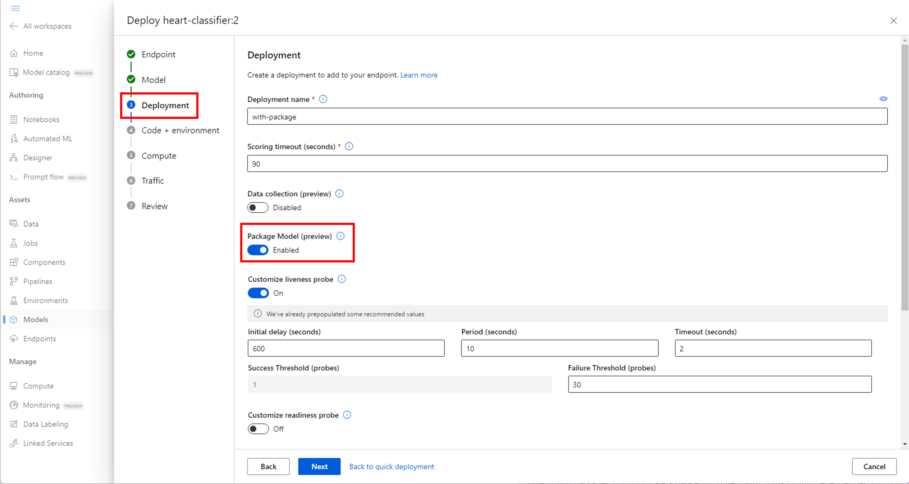 Capture d’écran de l’Assistant Déploiement de modèle avancé vers des points de terminaison en ligne mettant en évidence l’option Modèle de package.