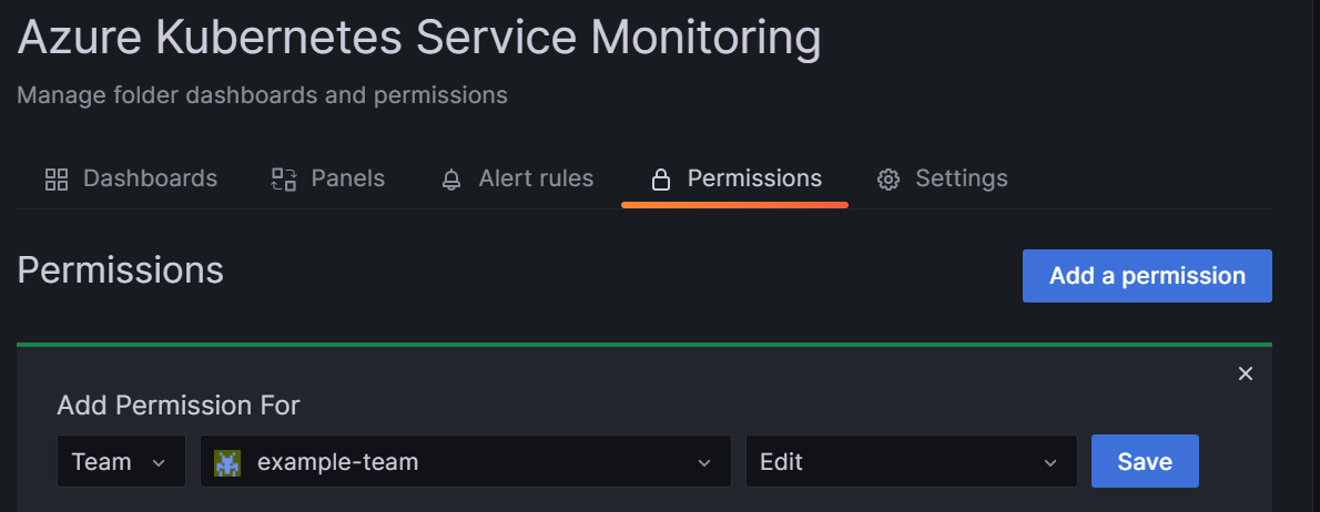 Capture d’écran de l’interface utilisateur Grafana avec l’ajout d’une autorisation pour une équipe dans un dossier Grafana.