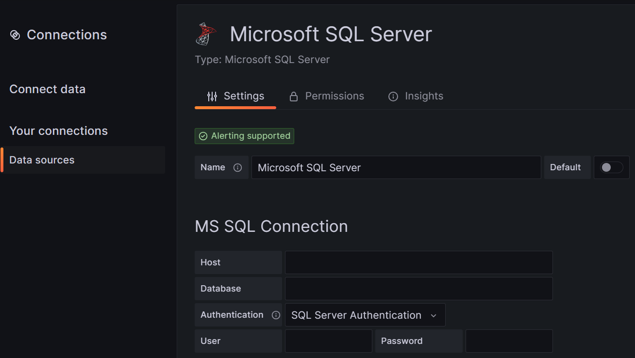 Capture d’écran de la page Ajouter une source de données dans Grafana.