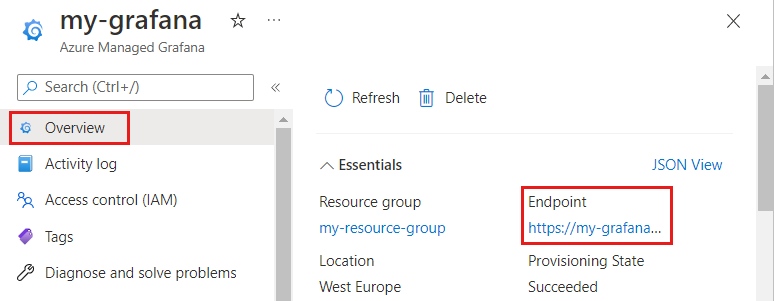 Capture d’écran de la plateforme Azure. Point de terminaison affiché dans la page Vue d’ensemble.