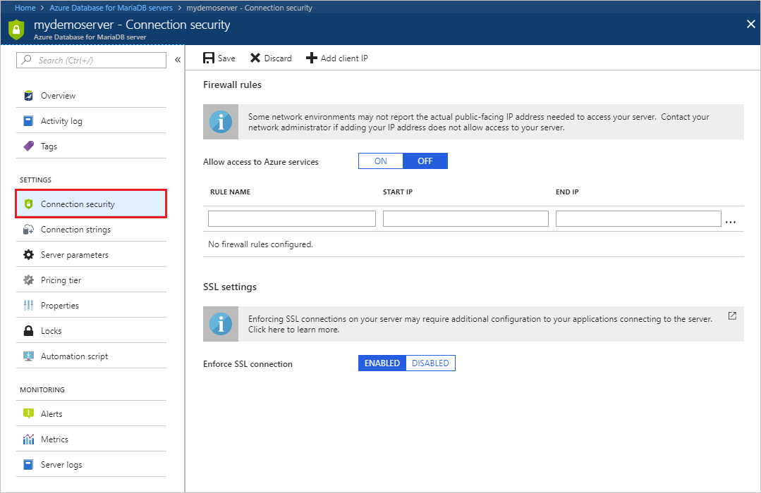 Portail Azure - cliquez sur Sécurité des connexions