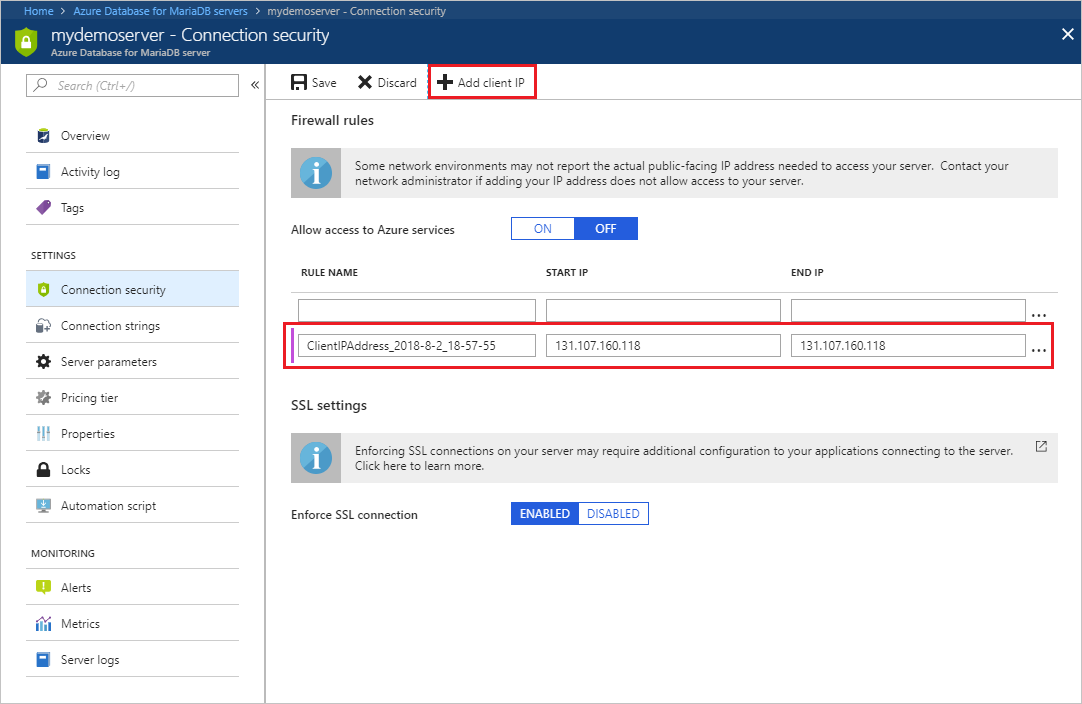 Portail Azure - cliquez sur Ajouter mon adresse IP