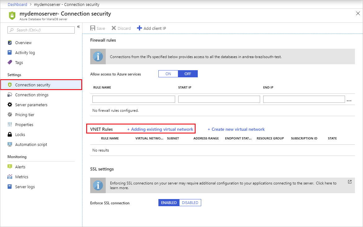 Portail Azure - cliquez sur Sécurité des connexions