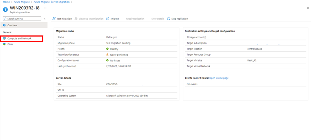 Capture d’écran montrant l’emplacement de l’option Calcul et réseau dans la page Détails de l’ordinateur de réplication.