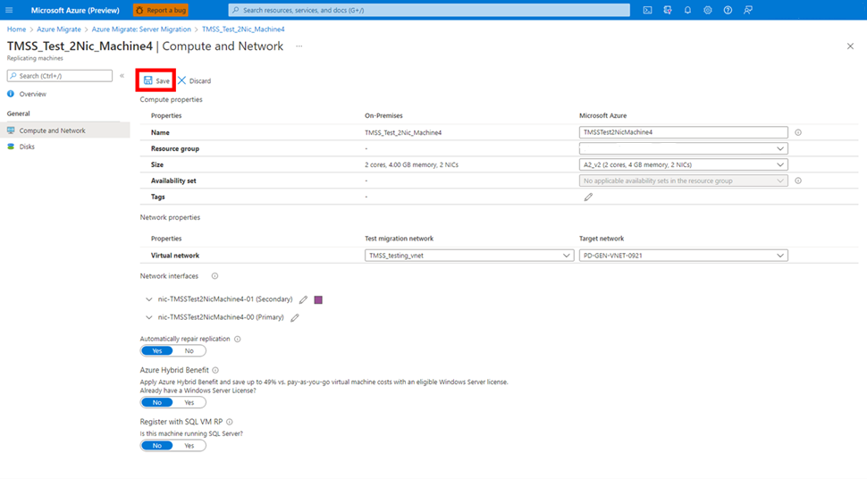 Capture d’écran montrant l’écran des options de réseau et de calcul de l’ordinateur de réplication avec le bouton Enregistrer mis en surbrillance.