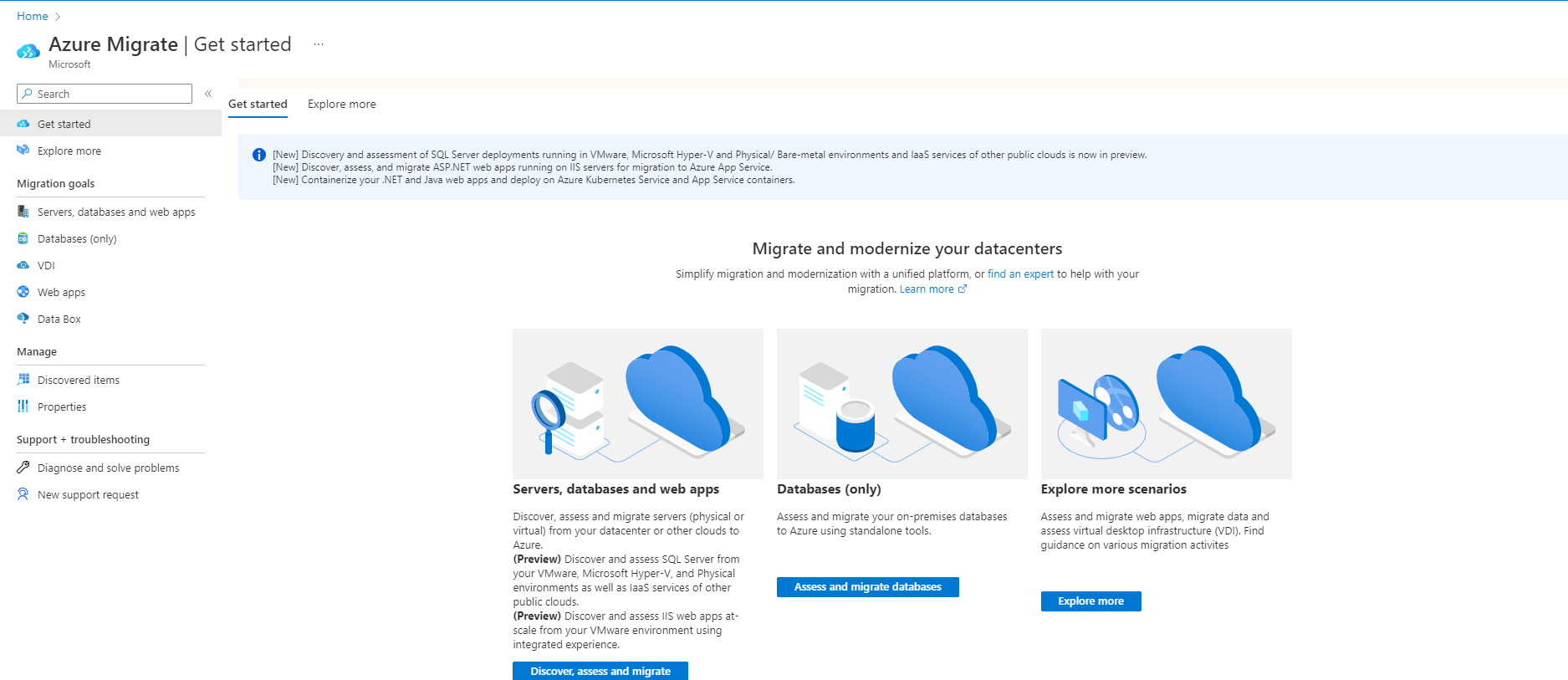 Capture d’écran de l’écran Démarrage d’Azure Migrate.